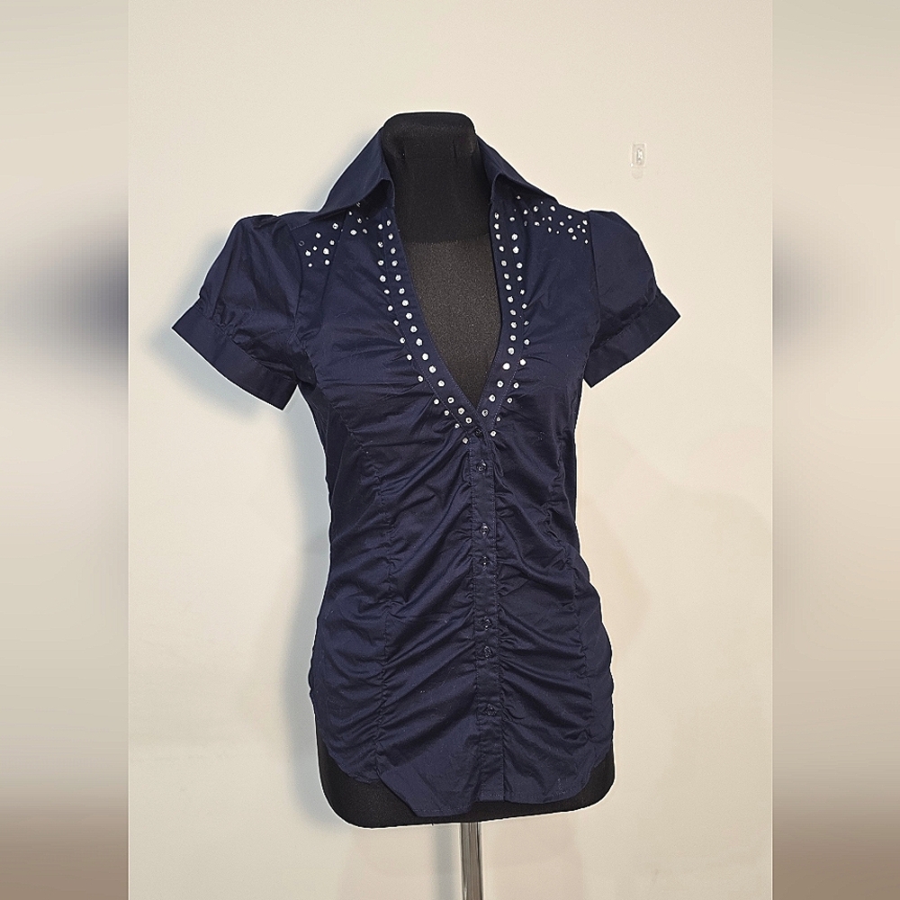 FRACOMINA  Navy Blue Ruched Button down Poplin Shirt S